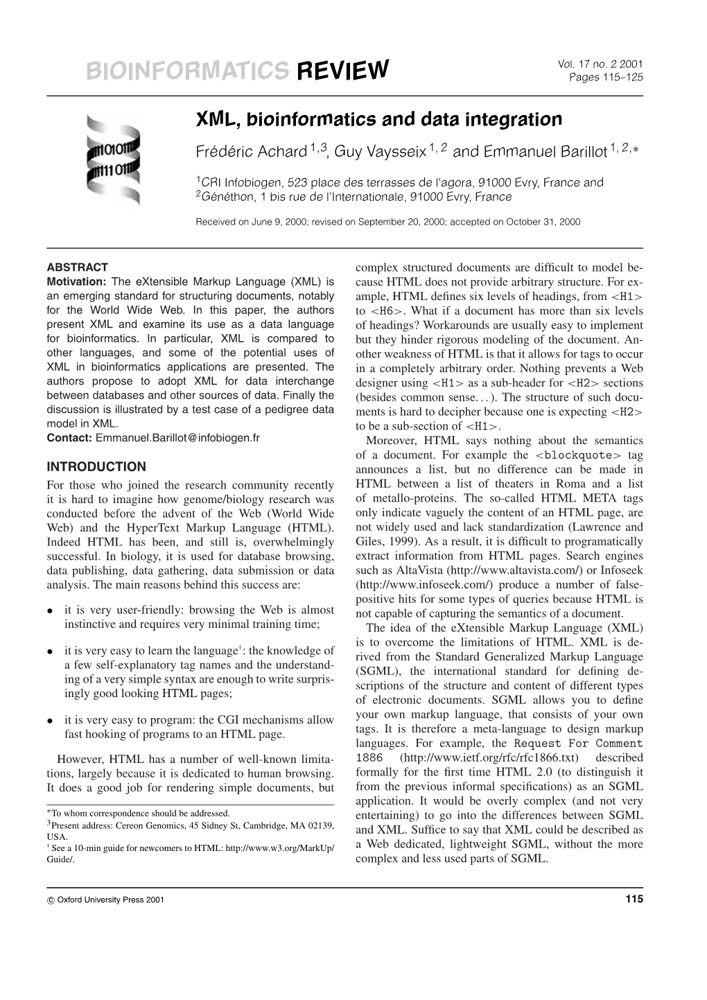 BIOINFORMATICS REVIEW Pages 115–125