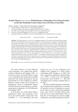 Scarlet Macaw (Ara Macao, Psittaciformes: Psittacidae) Nest Characteristics in the Osa Peninsula Conservation Area (ACOSA), Costa Rica