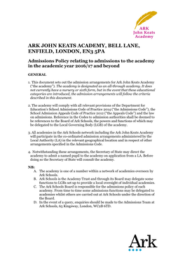 Ark John Keats Academy, Bell Lane, Enfield, London, En3 5Pa