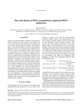 The Early History of Trna Recognition by Aminoacyl-Trna Synthetases