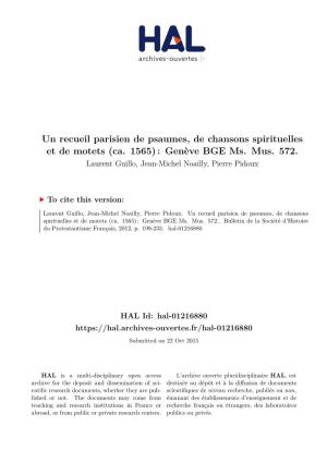 Un Recueil Parisien De Psaumes, De Chansons Spirituelles Et De Motets (Ca