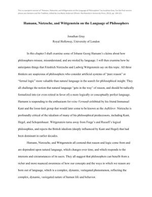 Hamann, Nietzsche, and Wittgenstein on the Language of Philosophers” by Jonathan Gray