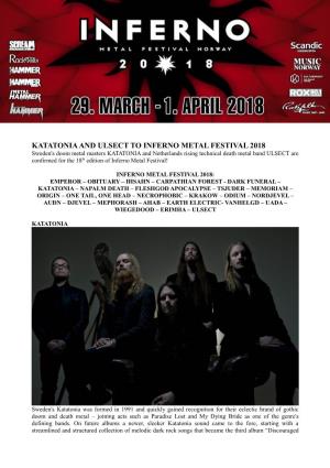 Katatonia and Ulsect to Inferno Metal Festival 2018