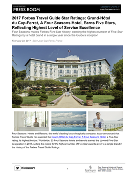 Grand-Hôtel Du Cap-Ferrat, a Four Seasons Hotel, Earns Five Stars