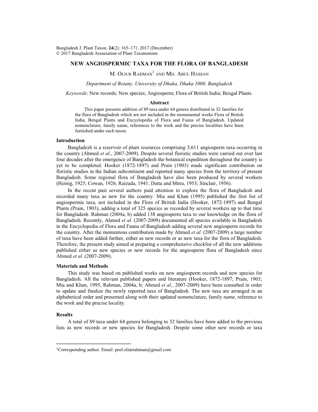 New Angiospermic Taxa for the Flora of Bangladesh