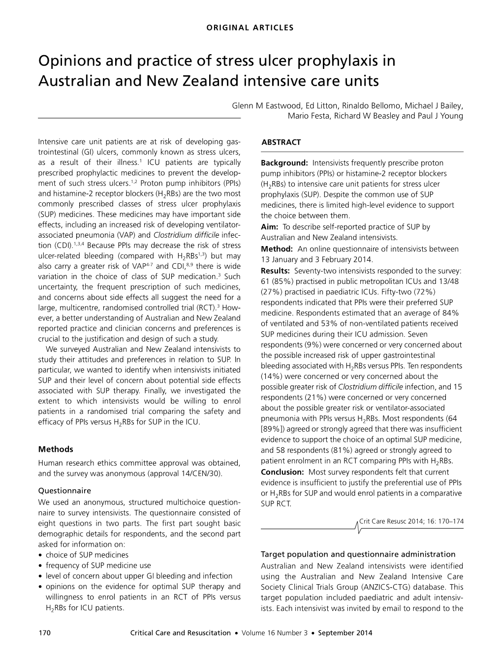 Opinions and Practice of Stress Ulcer Prophylaxis in Australian and New Zealand Intensive Care Units