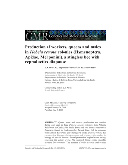 Production of Workers, Queens and Males in Plebeia Remota Colonies (Hymenoptera, Apidae, Meliponini), a Stingless Bee with Reproductive Diapause