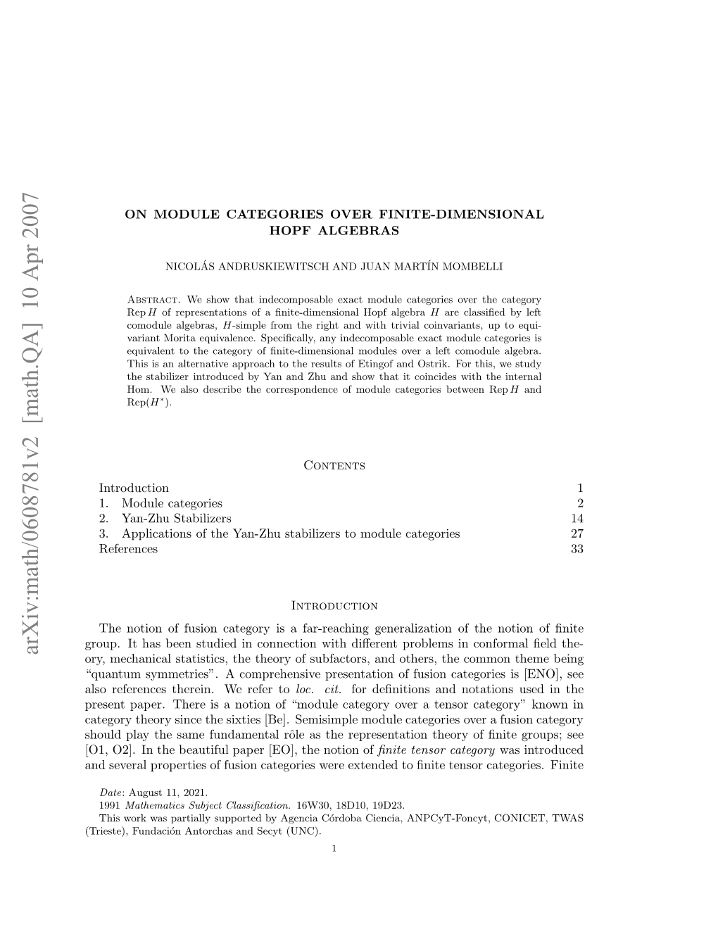 Arxiv:Math/0608781V2 [Math.QA] 10 Apr 2007 Lorfrne Hri.W Ee to Refer We Fus Therein