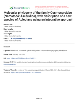 Molecular Phylogeny of the Family Cosmocercidae (Nematoda: Ascaridida), with Description of a New Species of Aplectana Using an Integrative Approach