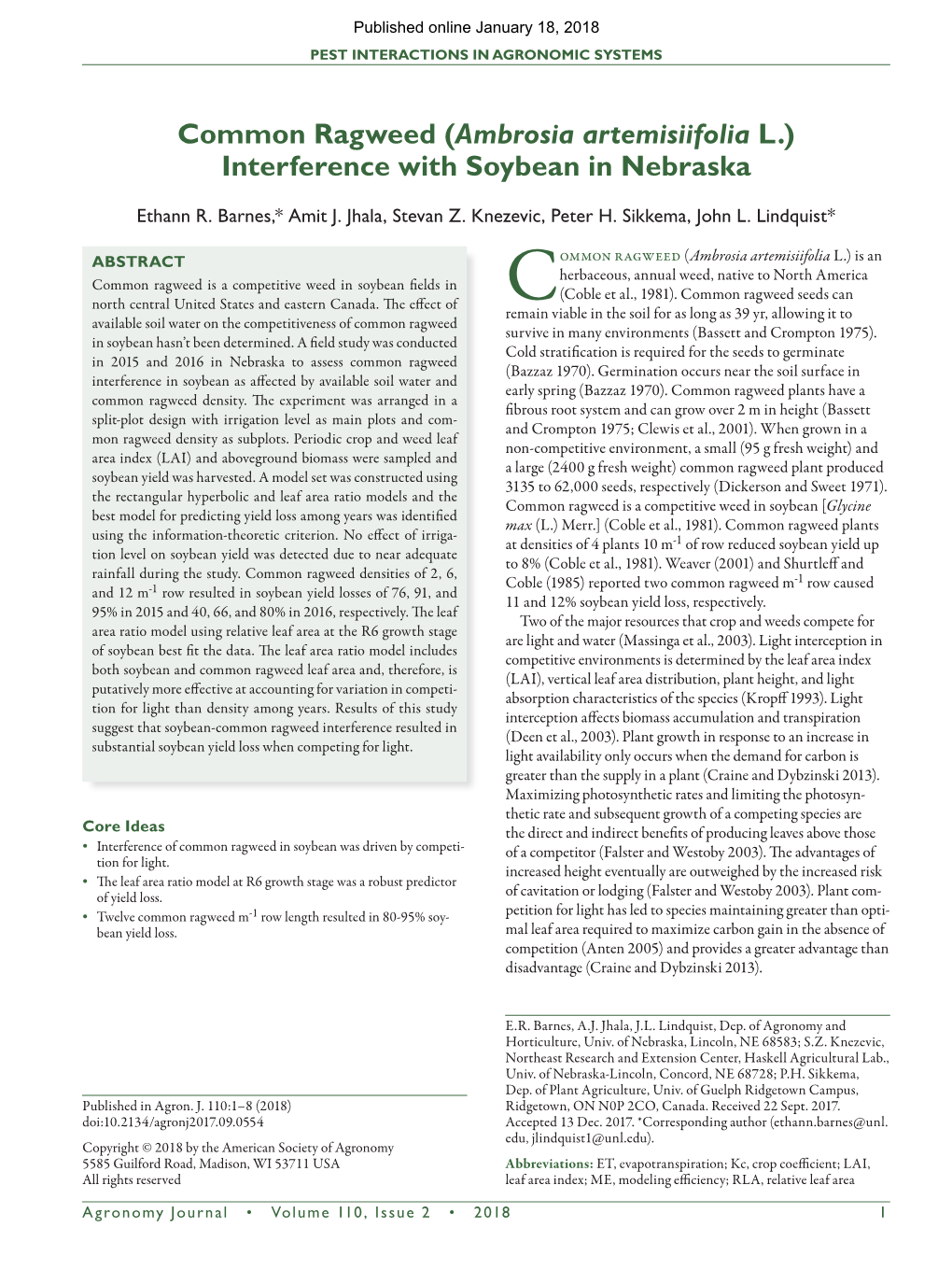 Common Ragweed (Ambrosia Artemisiifolia L.) Interference with Soybean in Nebraska