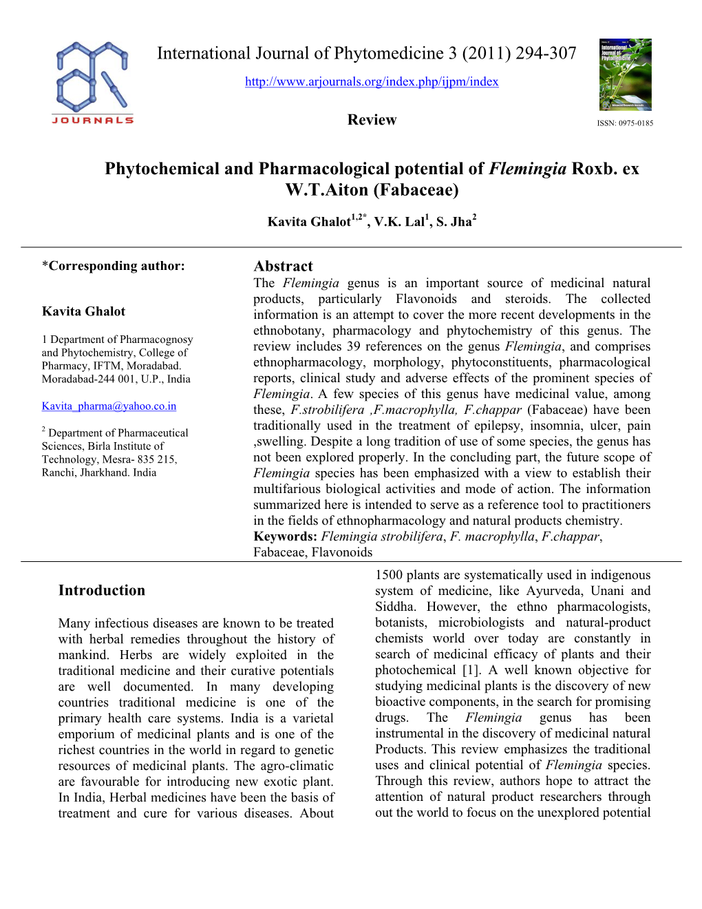 294-307 Phytochemical and Pharmacological Potential of Flemingia Roxb. Ex Wtai