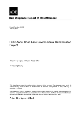 Due Diligence Report of Resettlement PRC: Anhui Chao Lake Environmental Rehabilitation Project