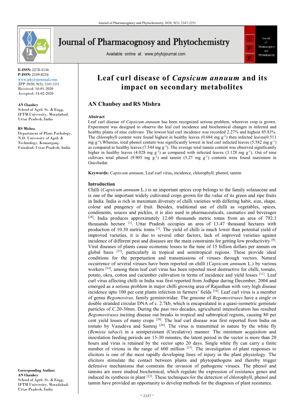 Leaf Curl Disease of Capsicum Annuum and Its Impact on Secondary Metabolites