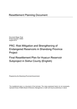 RP: PRC: Huacun Reservoir Subproject in Sishui County, Risk