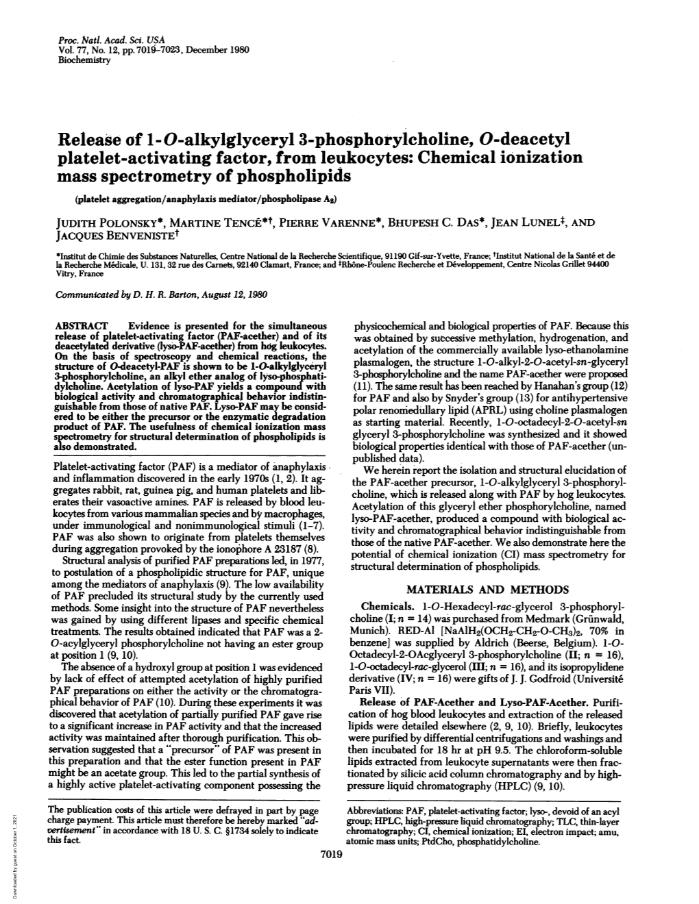 Release of 1-0-Alkylglyceryl 3-Phosphorylcholine, O-Deacetyl