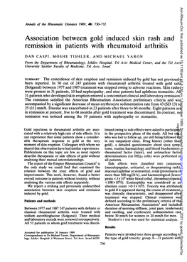 Association Between Gold Induced Skin Rash and Remission in Patients with Rheumatoid Arthritis