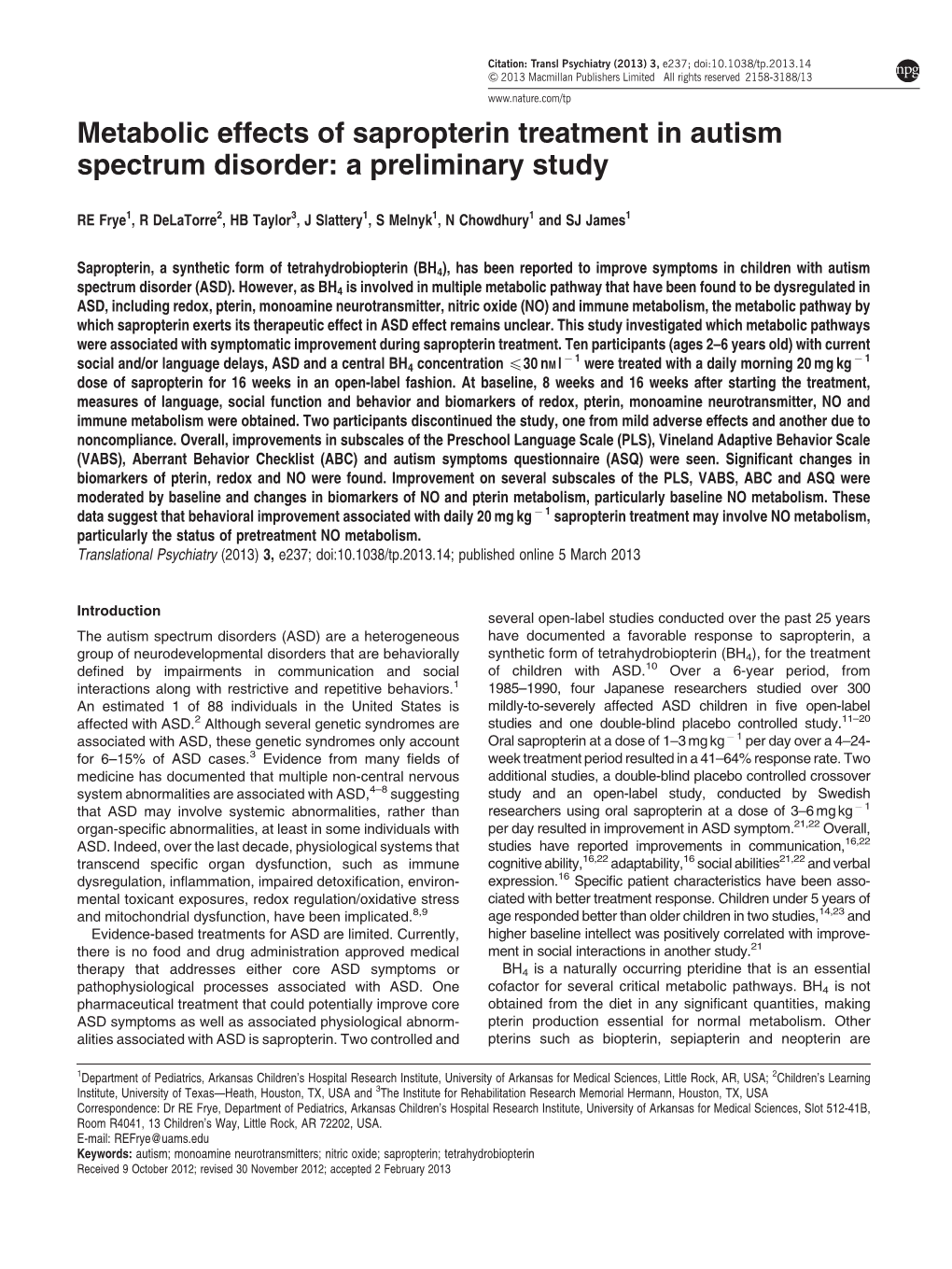 Metabolic Effects of Sapropterin Treatment in Autism Spectrum Disorder: a Preliminary Study