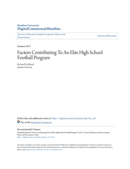 Factors Contributing to an Elite High School Football Program Richard Fryklund Hamline University