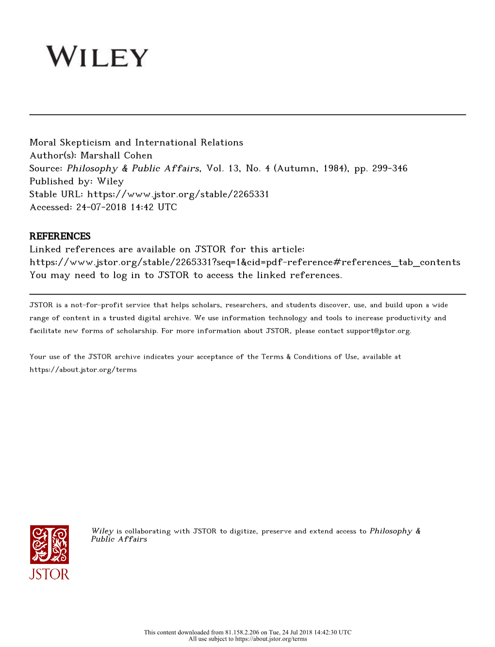 Moral Skepticism and International Relations Author(S): Marshall Cohen Source: Philosophy & Public Affairs, Vol