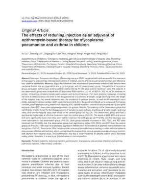 Original Article the Effects of Reduning Injection As an Adjuvant of Azithromycin-Based Therapy for Mycoplasma Pneumoniae and Asthma in Children