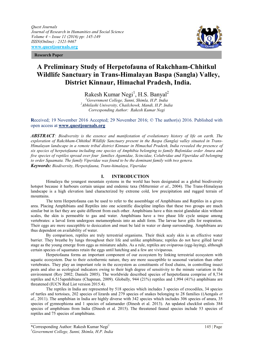 A Preliminary Study of Herpetofauna of Rakchham-Chhitkul Wildlife Sanctuary in Trans-Himalayan Baspa (Sangla) Valley, District Kinnaur, Himachal Pradesh, India