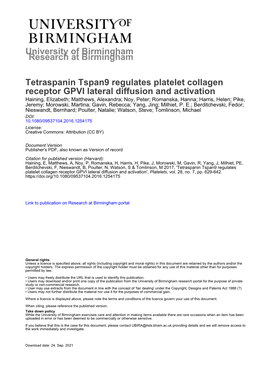 University of Birmingham Tetraspanin Tspan9 Regulates Platelet Collagen