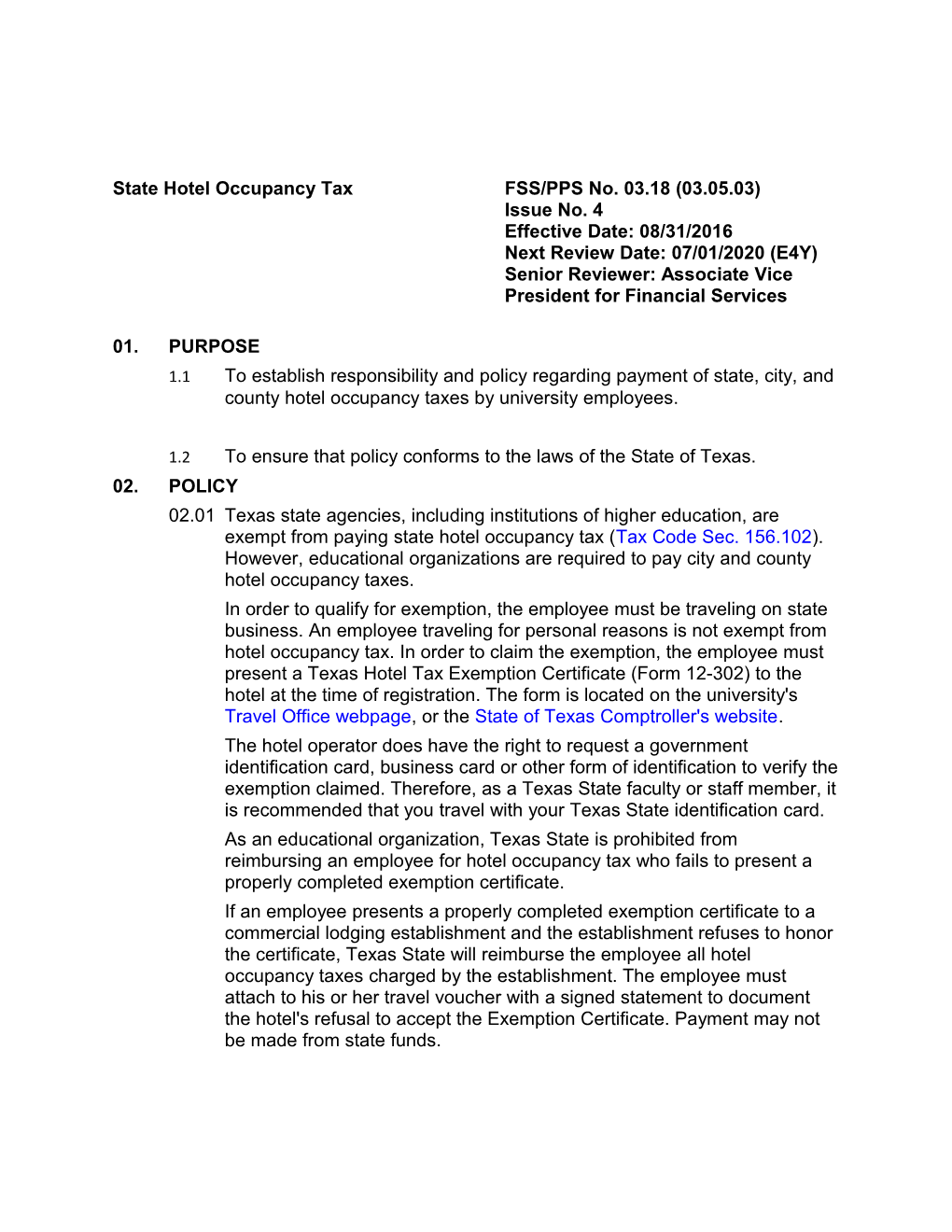 State Hotel Occupancy Tax FSS/PPS No. 03.18 (03.05.03)