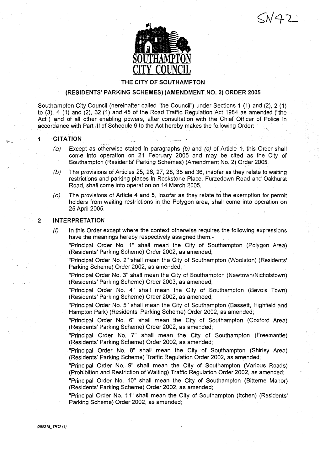 Southampton City Council the City of Southampton (Residents' Parking Schemes) (Amendment No