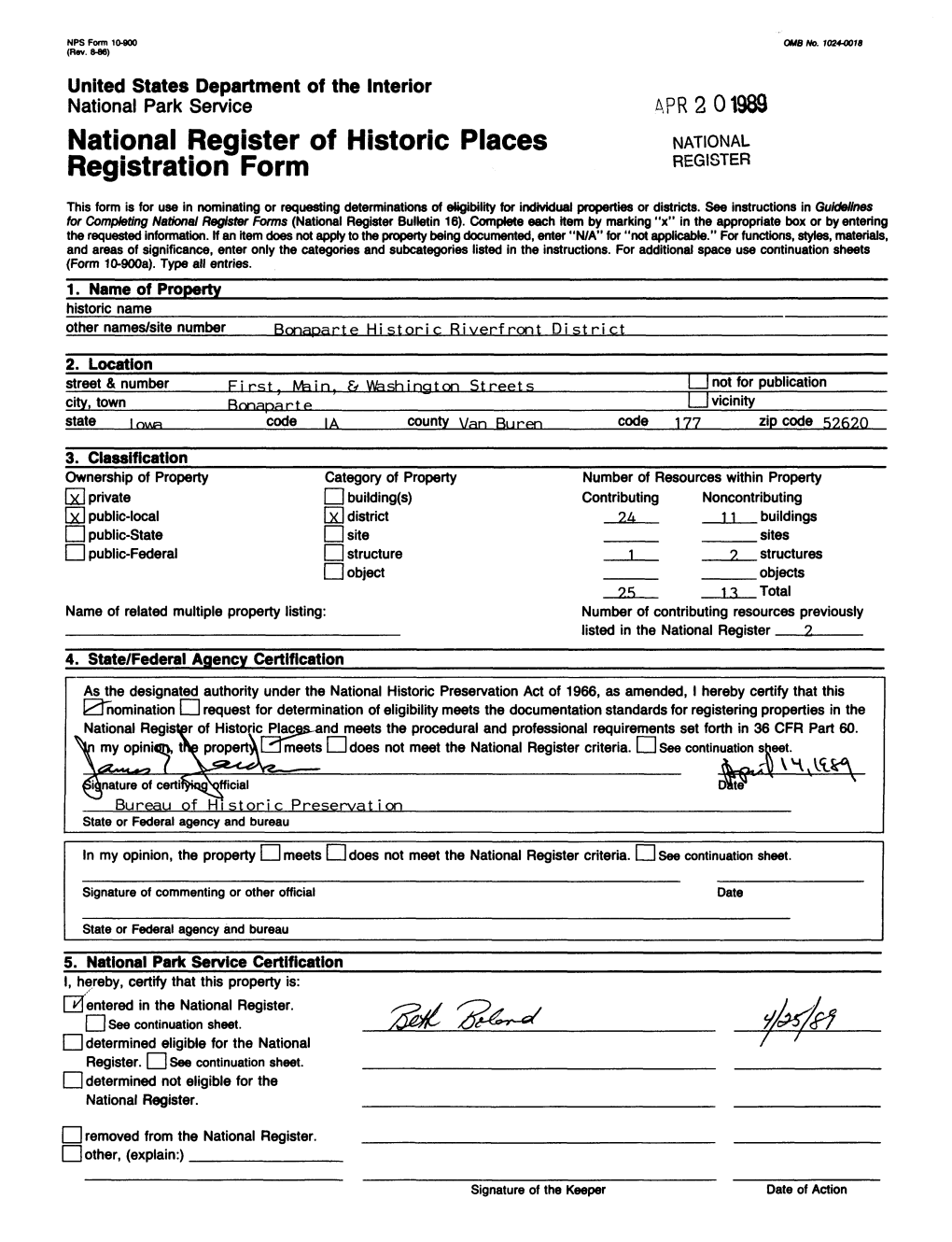 APR 2 01989 National Register of Historic Places NATIONAL Registration Form REGISTER