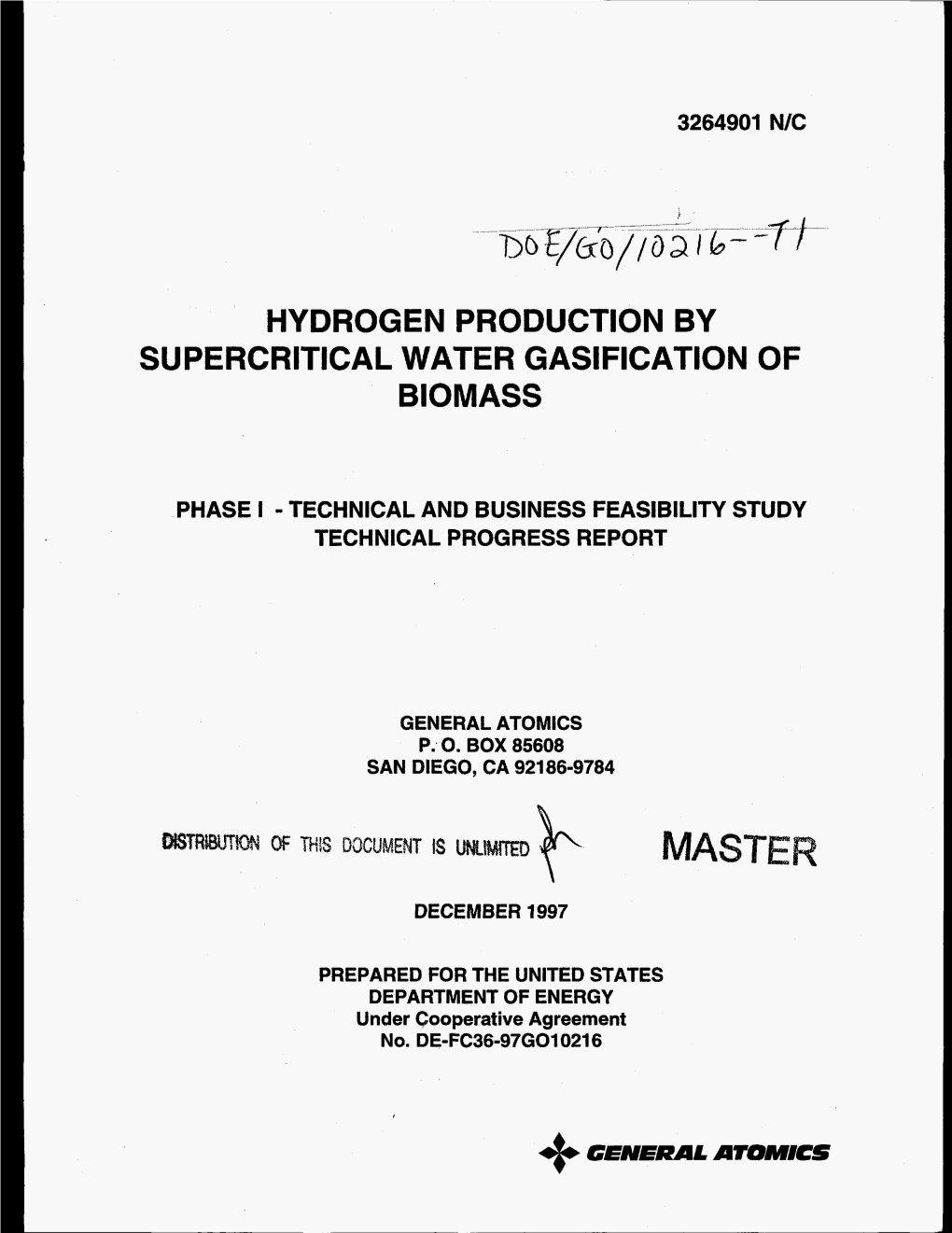 Hydrogen Production by Supercritical Water Gasification of Biomass