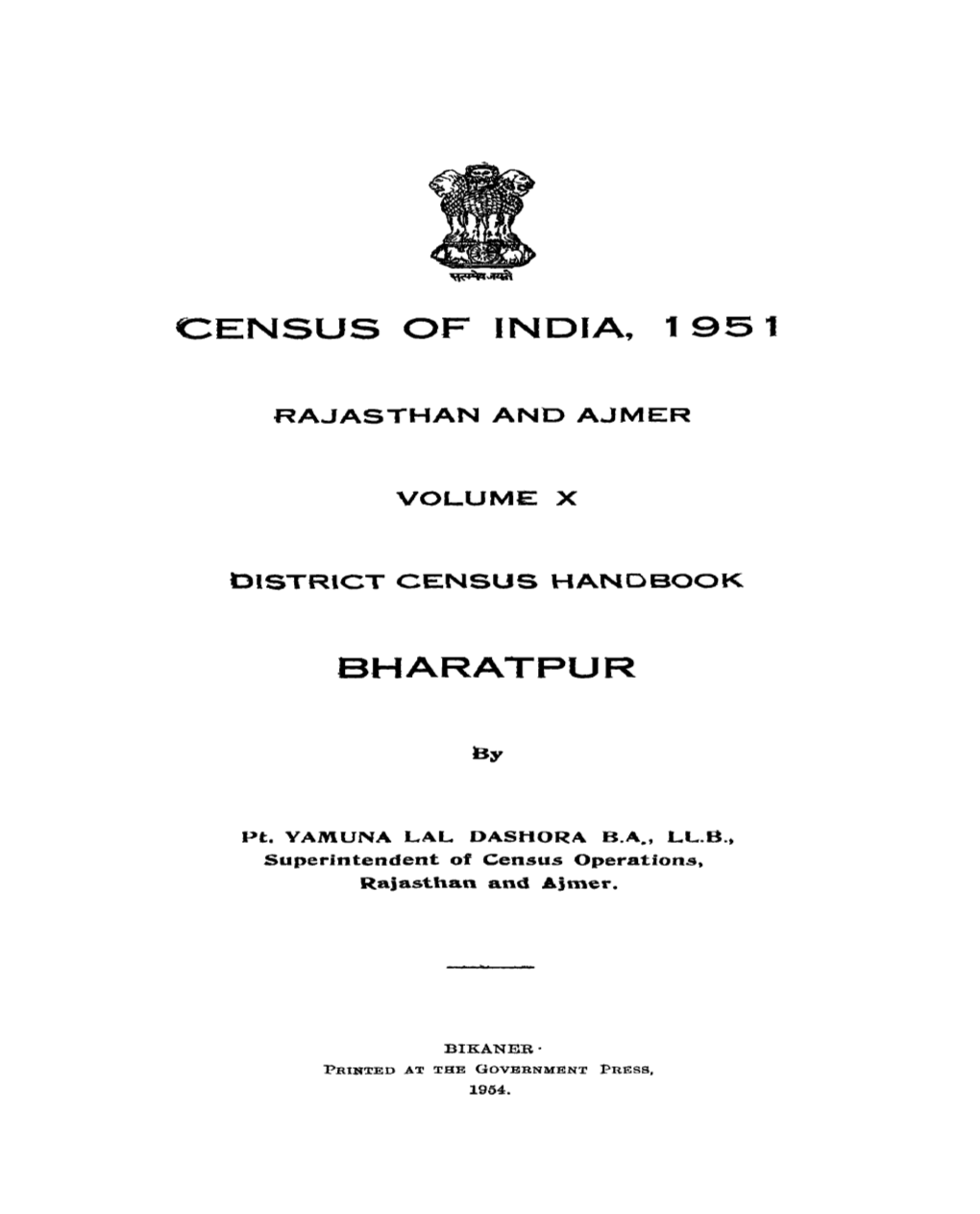 District Census Handbook, Bharatpur, Vol-X, Rajasthan