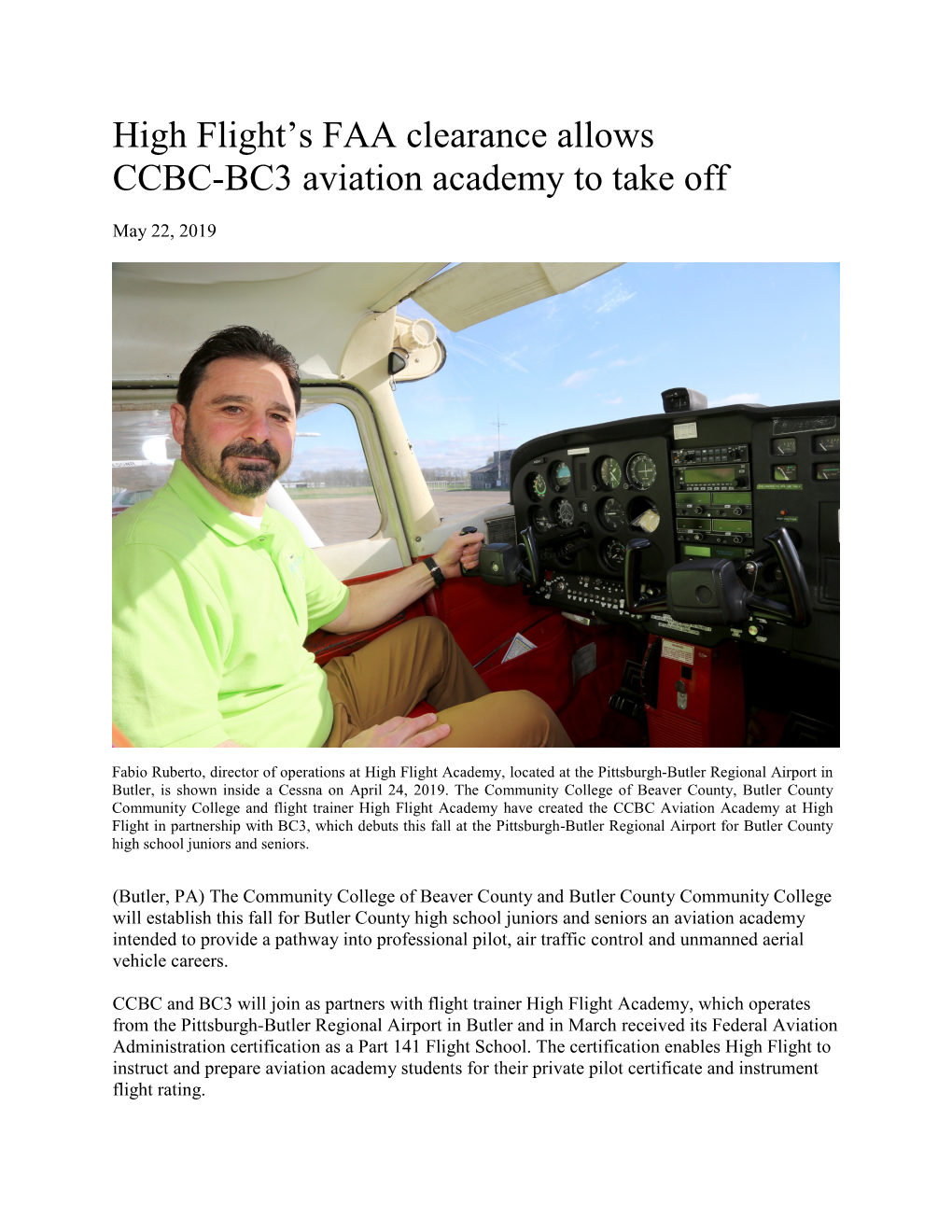 High Flight's FAA Clearance Allows CCBC-BC3 Aviation Academy to Take