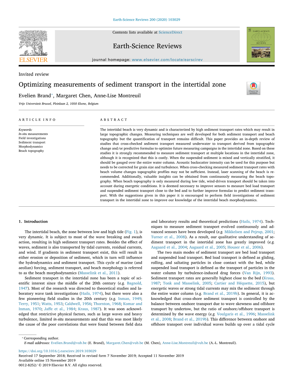 Optimizing Measurements of Sediment Transport in the Intertidal Zone T ⁎ Evelien Brand , Margaret Chen, Anne-Lise Montreuil