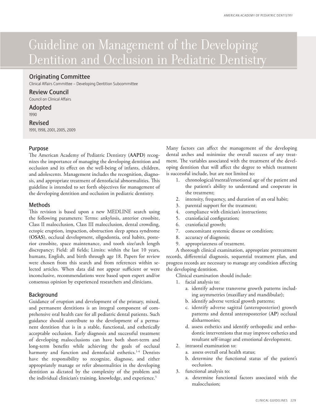 Guideline on Management of the Developing Dentition And