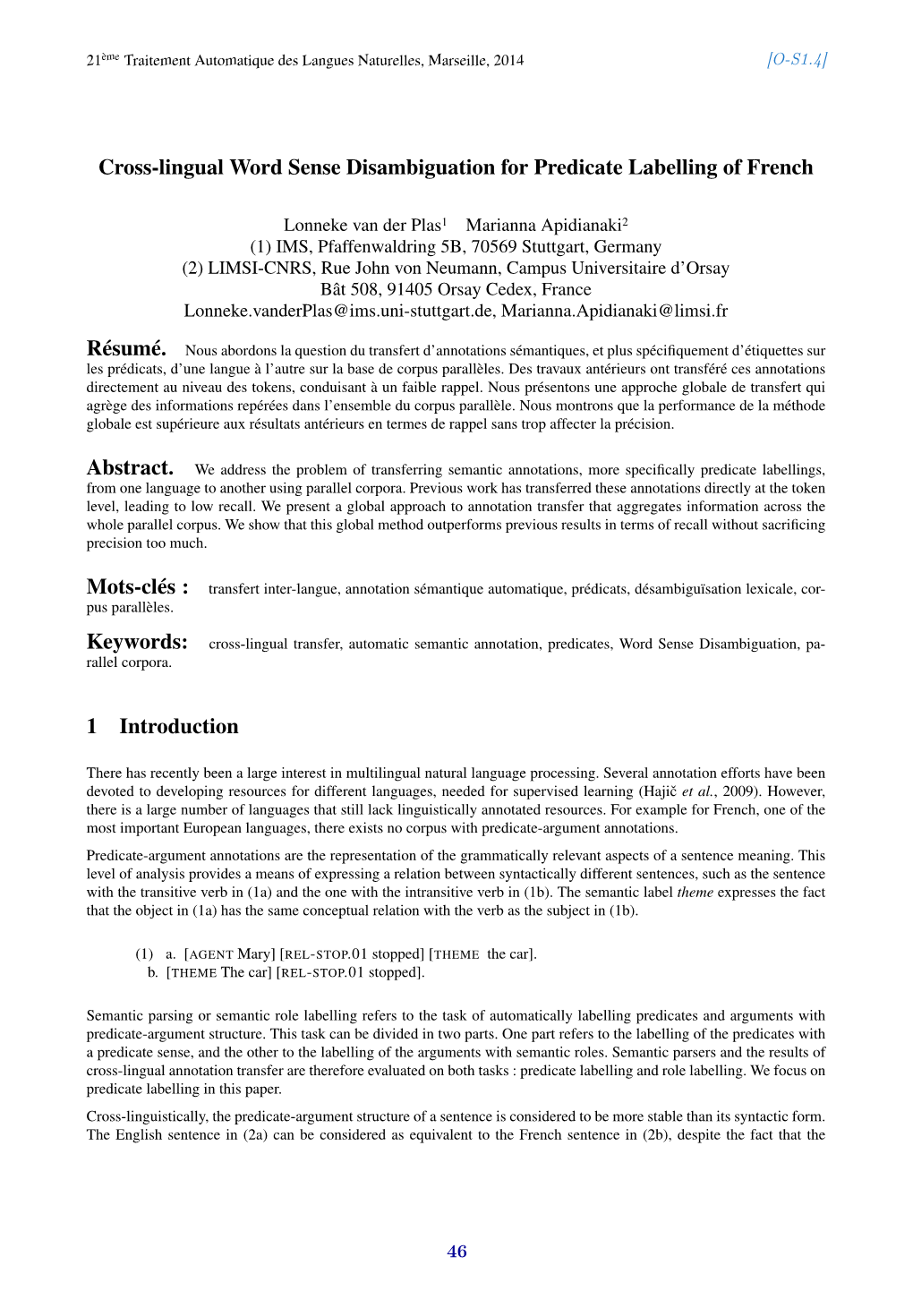 Cross-Lingual Word Sense Disambiguation for Predicate Labelling of French