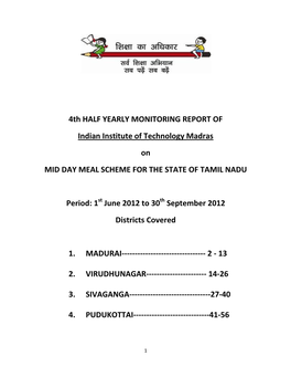 4Th HALF YEARLY MONITORING REPORT of Indian Institute of Technology Madras on MID DAY MEAL SCHEME for the STATE of TAMIL NADU