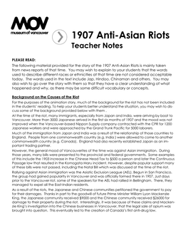 1907 Anti-Asian Riots Teacher Notes