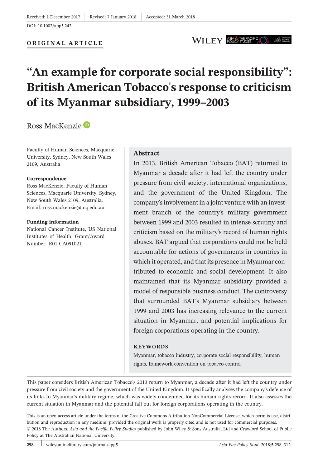 British American Tobacco's Response to Criticism of Its Myanmar Subsidiary, 1999–2003