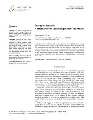 Energy on Demand: a Brief History of the Development of the Battery Citation: C