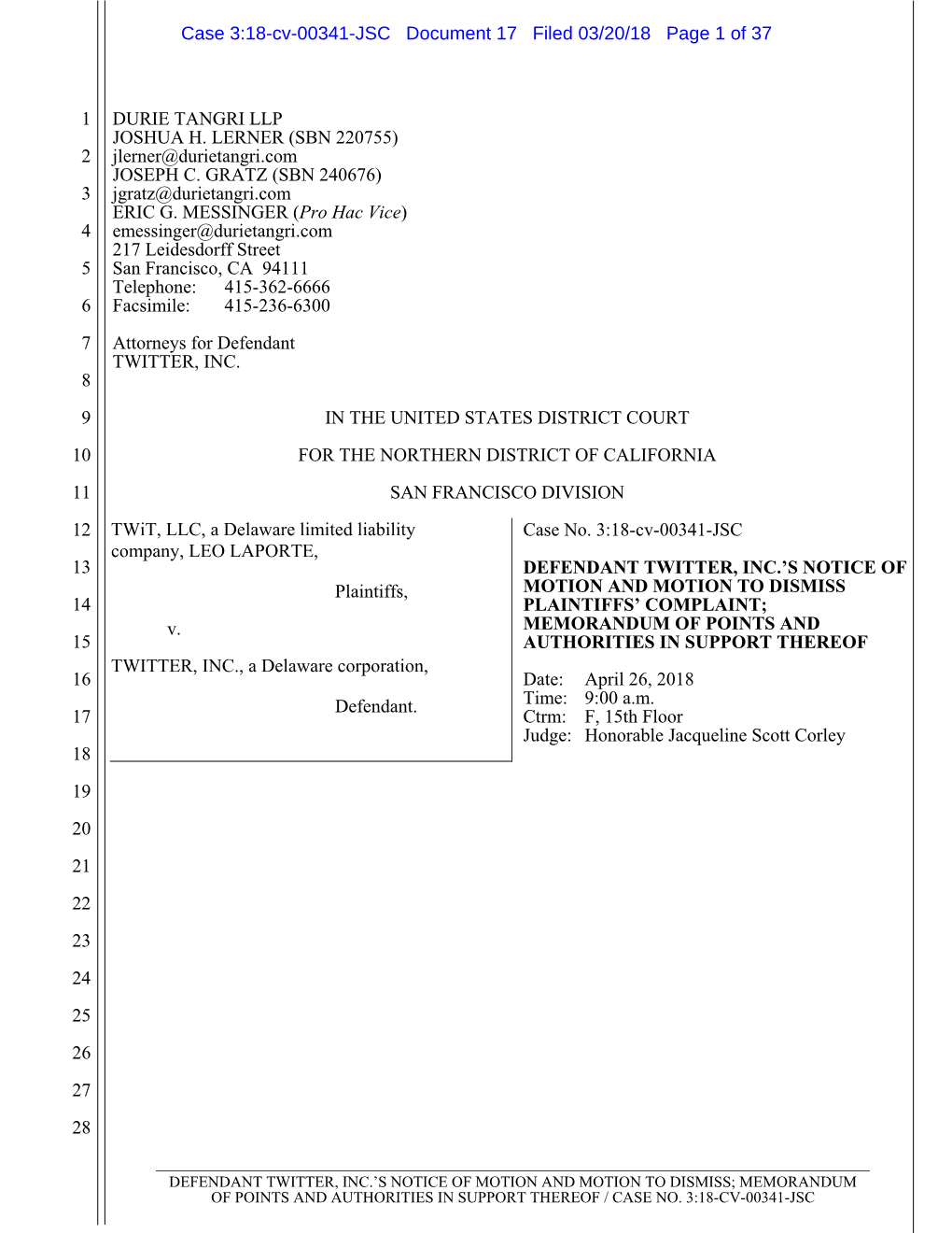 Defendant Twitter, Inc.'S Motion to Dismiss