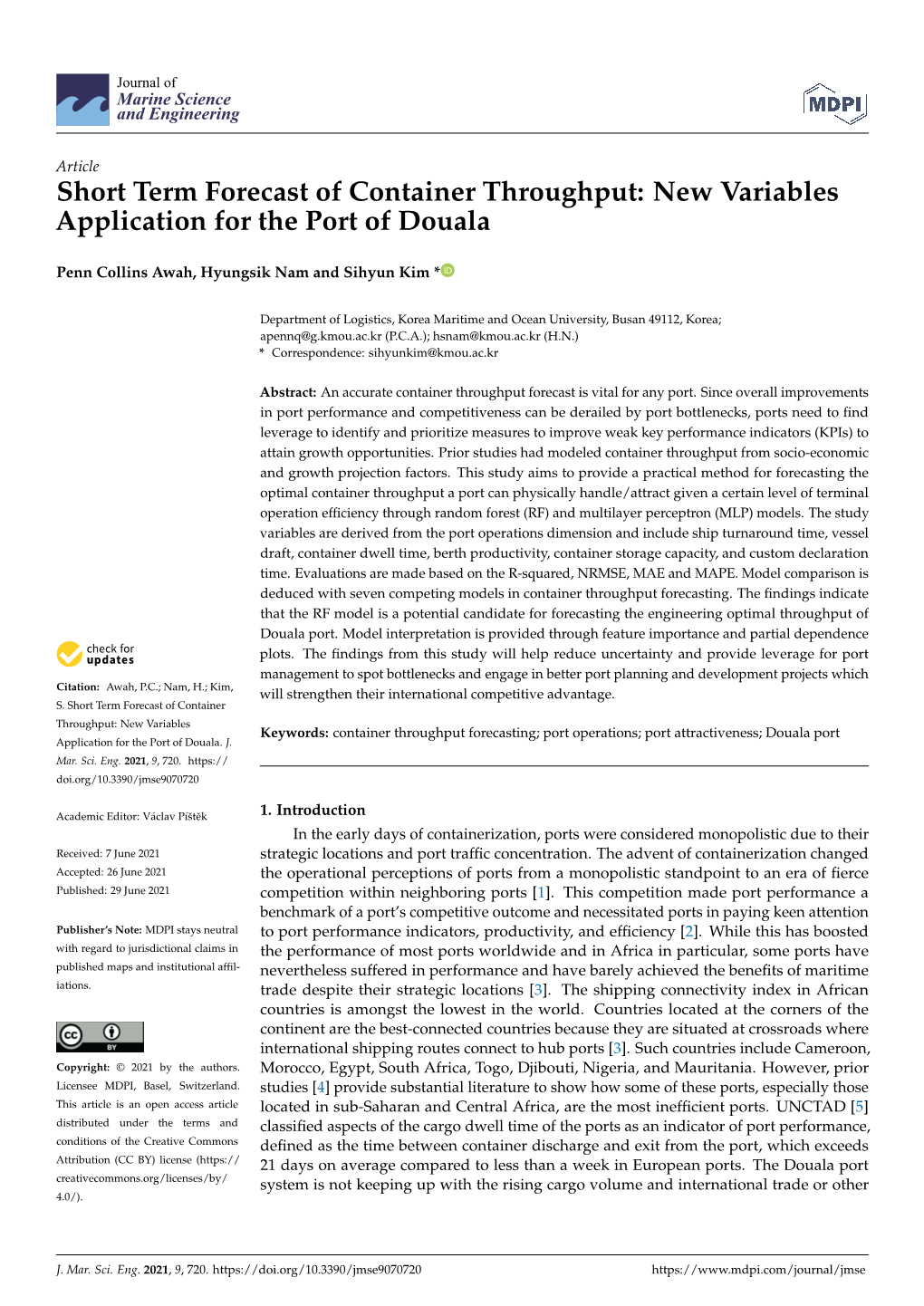 Short Term Forecast of Container Throughput: New Variables Application for the Port of Douala