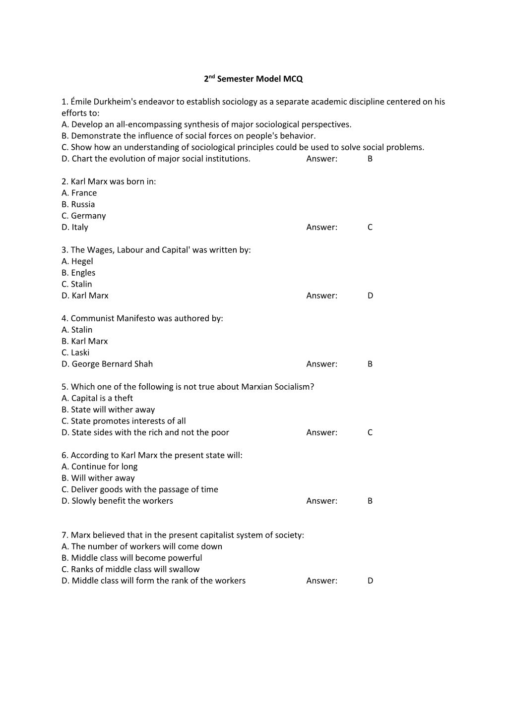 2Nd Semester Model MCQ 1. Émile Durkheim's Endeavor to Establish