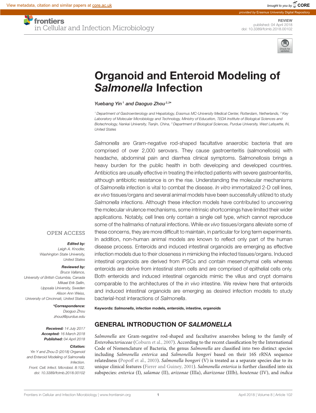Organoid and Enteroid Modeling of Salmonella Infection