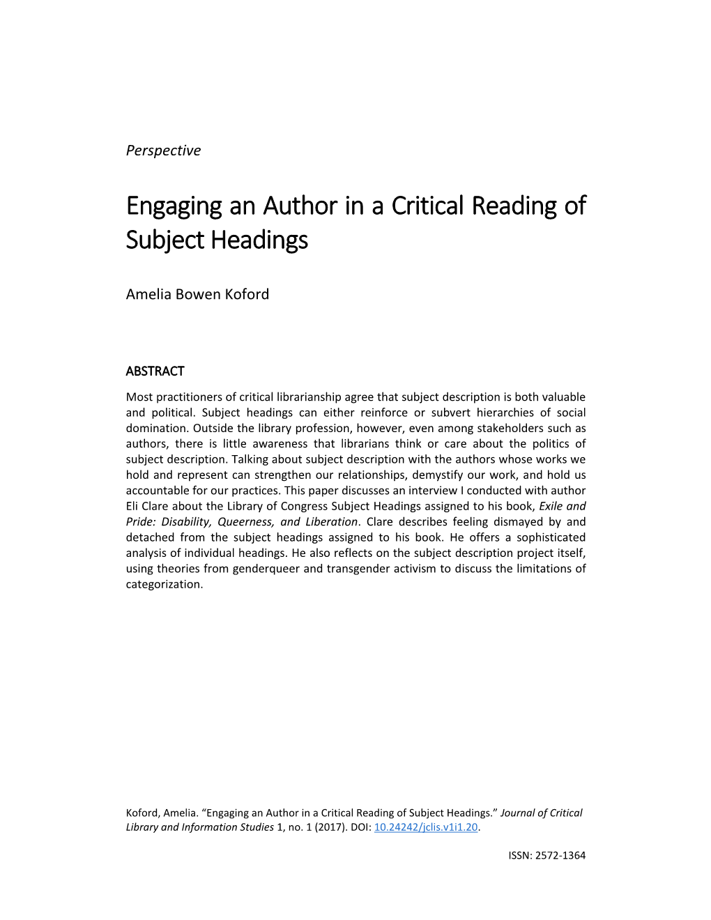 Engaging an Author in a Critical Reading of Subject Headings
