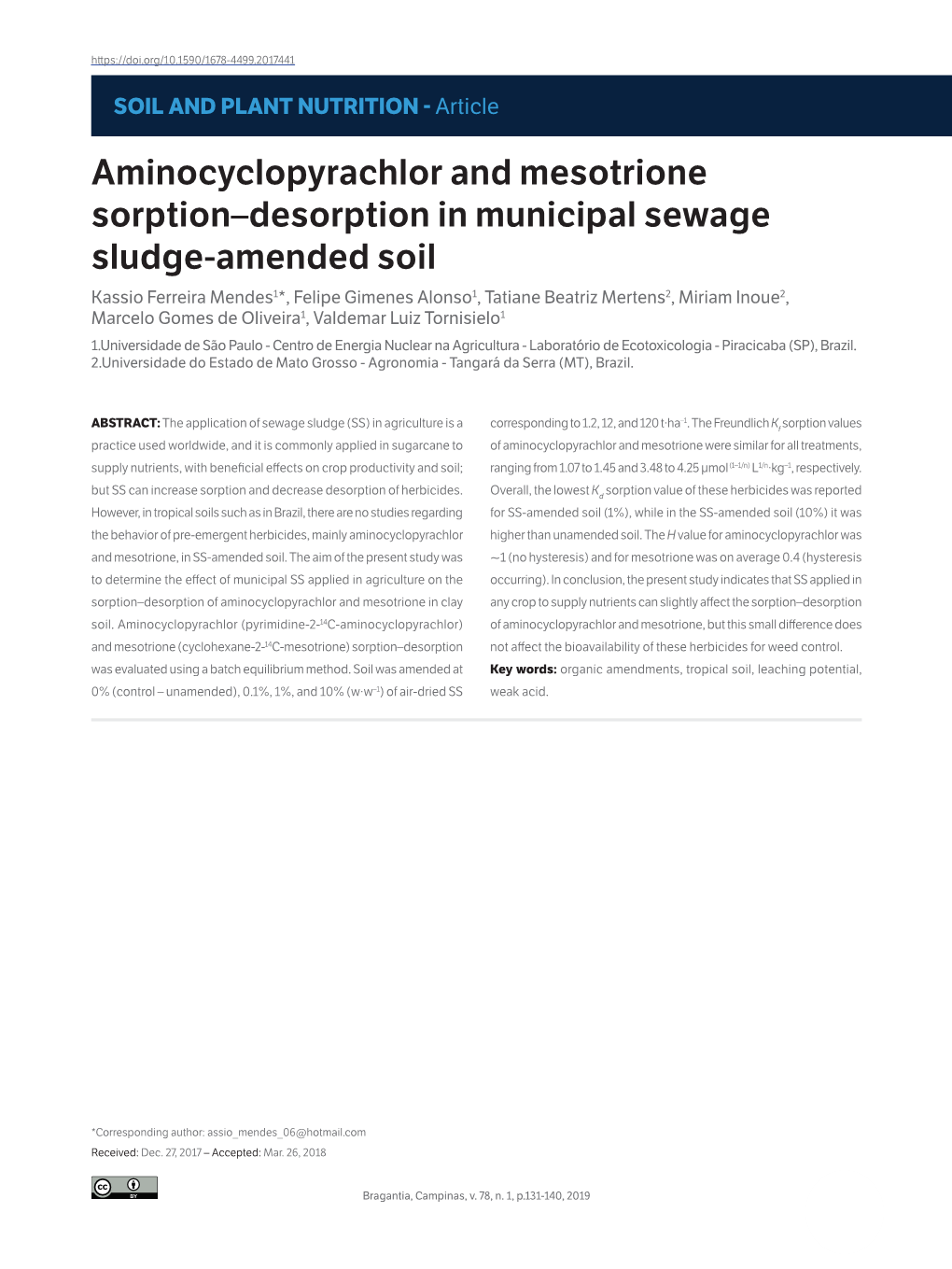 Aminocyclopyrachlor and Mesotrione Sorption–Desorption in Municipal