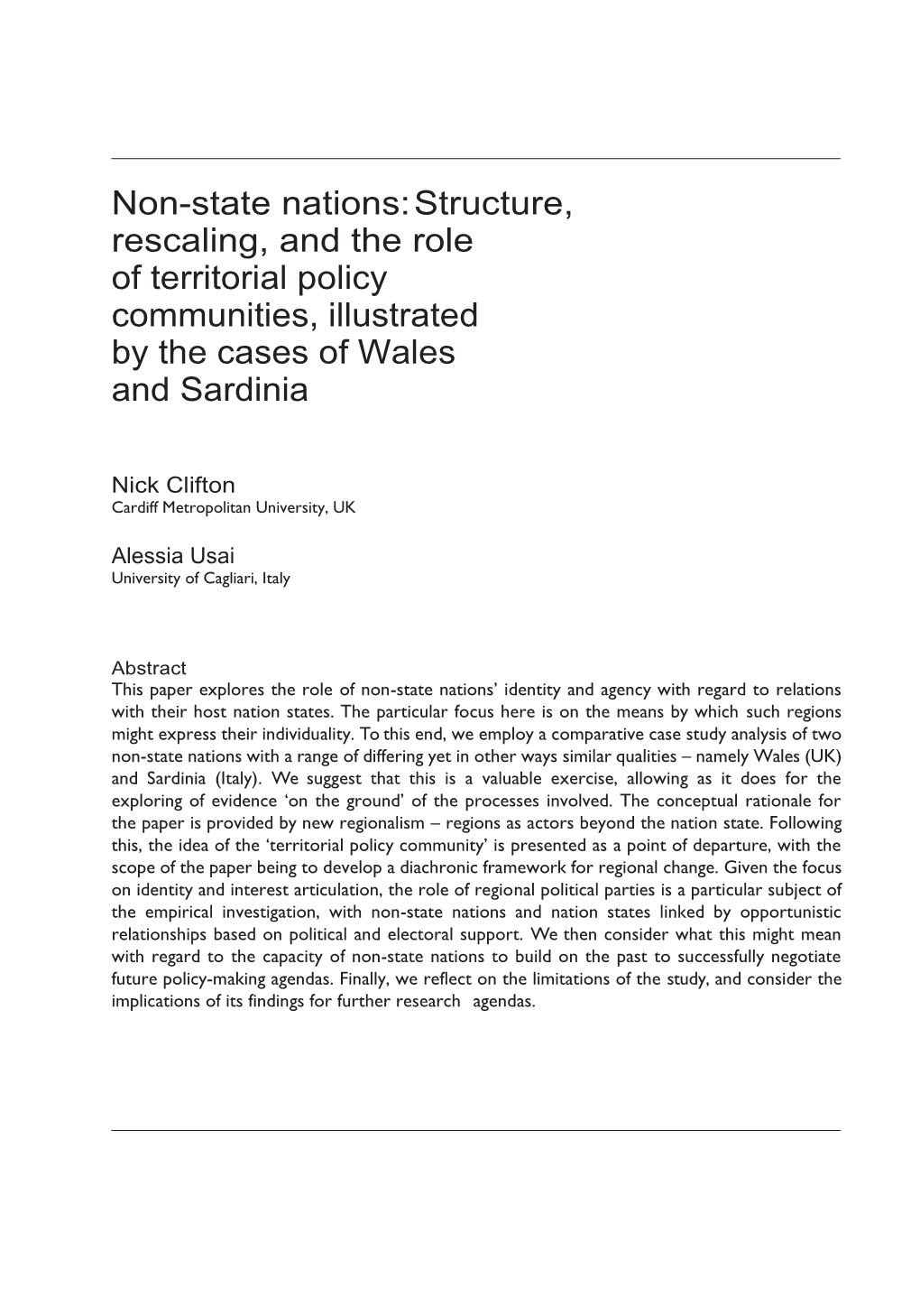 Non-State Nations: Structure, Rescaling, and the Role of Territorial Policy Communities, Illustrated by the Cases of Wales and Sardinia