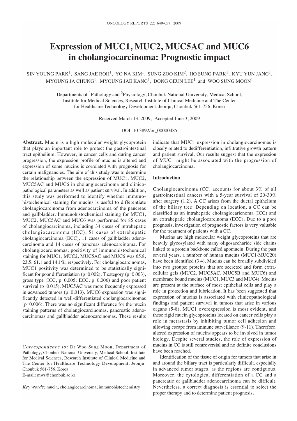 Expression of MUC1, MUC2, MUC5AC and MUC6 in Cholangiocarcinoma: Prognostic Impact