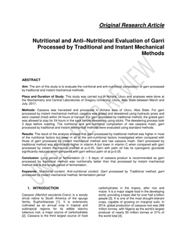 Original Research Article Nutritional and Anti–Nutritional Evaluation of Garri Processed by Traditional and Instant Mechanical