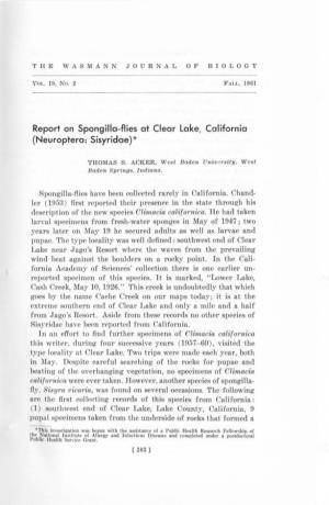 Report on Spongilla-Flies at Clear Lake, California (Neuroptera: Sisyridae) *