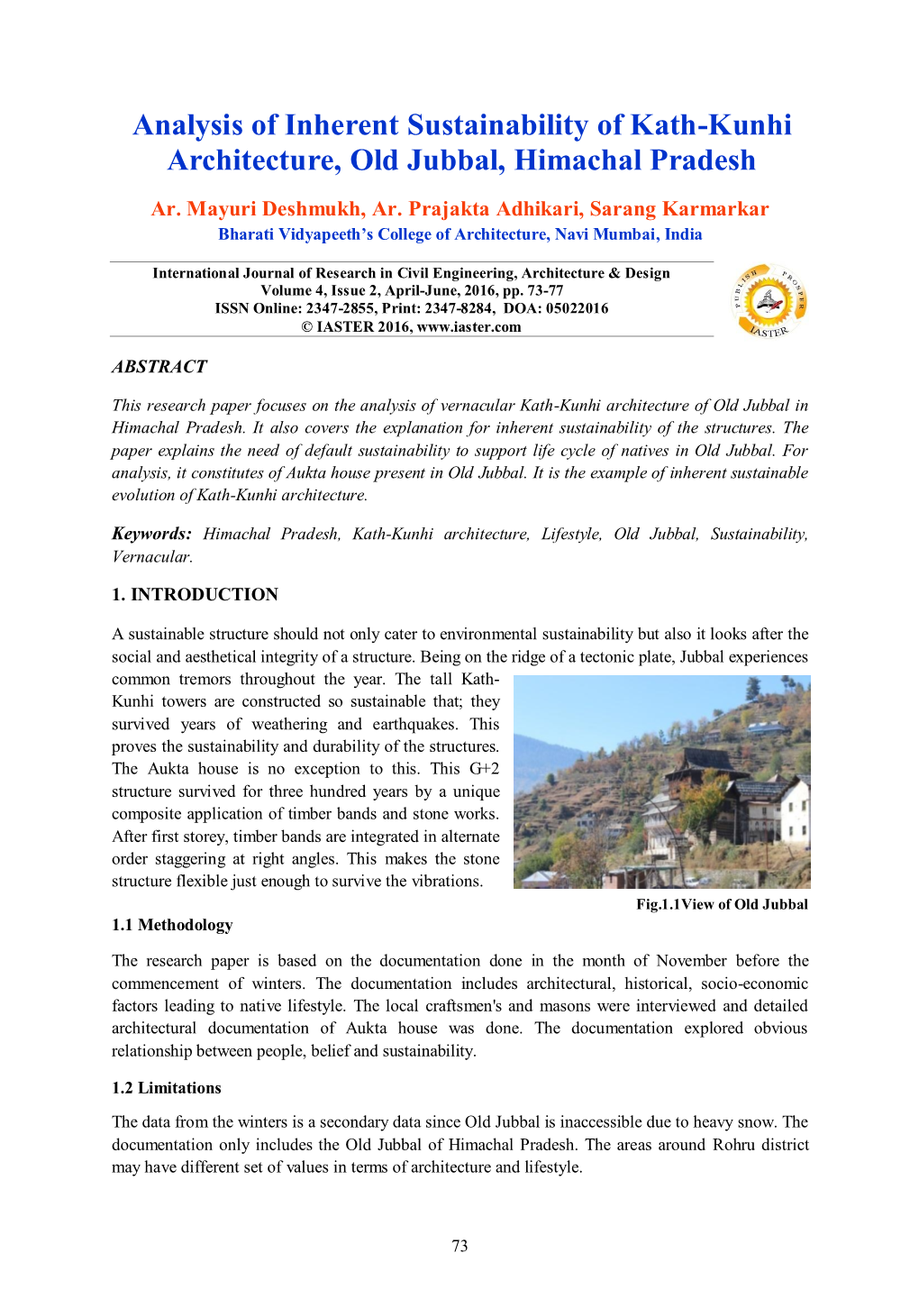 Analysis of Inherent Sustainability of Kath-Kunhi Architecture, Old Jubbal, Himachal Pradesh